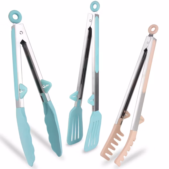 내열성 9/12 인치 스테인레스 스틸 손잡이 주방 조리기구 세트 실리콘 음식 클립